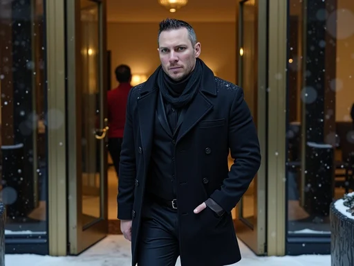 AI-generated portrait of Jeff Barnes in a black coat in a snowy doorway